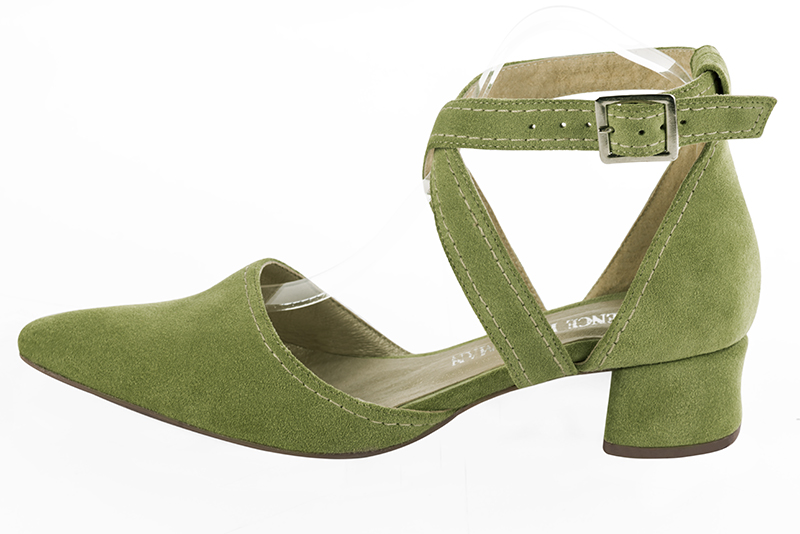 Pistachio green women's open side shoes, with crossed straps. Tapered toe. Low flare heels. Profile view - Florence KOOIJMAN